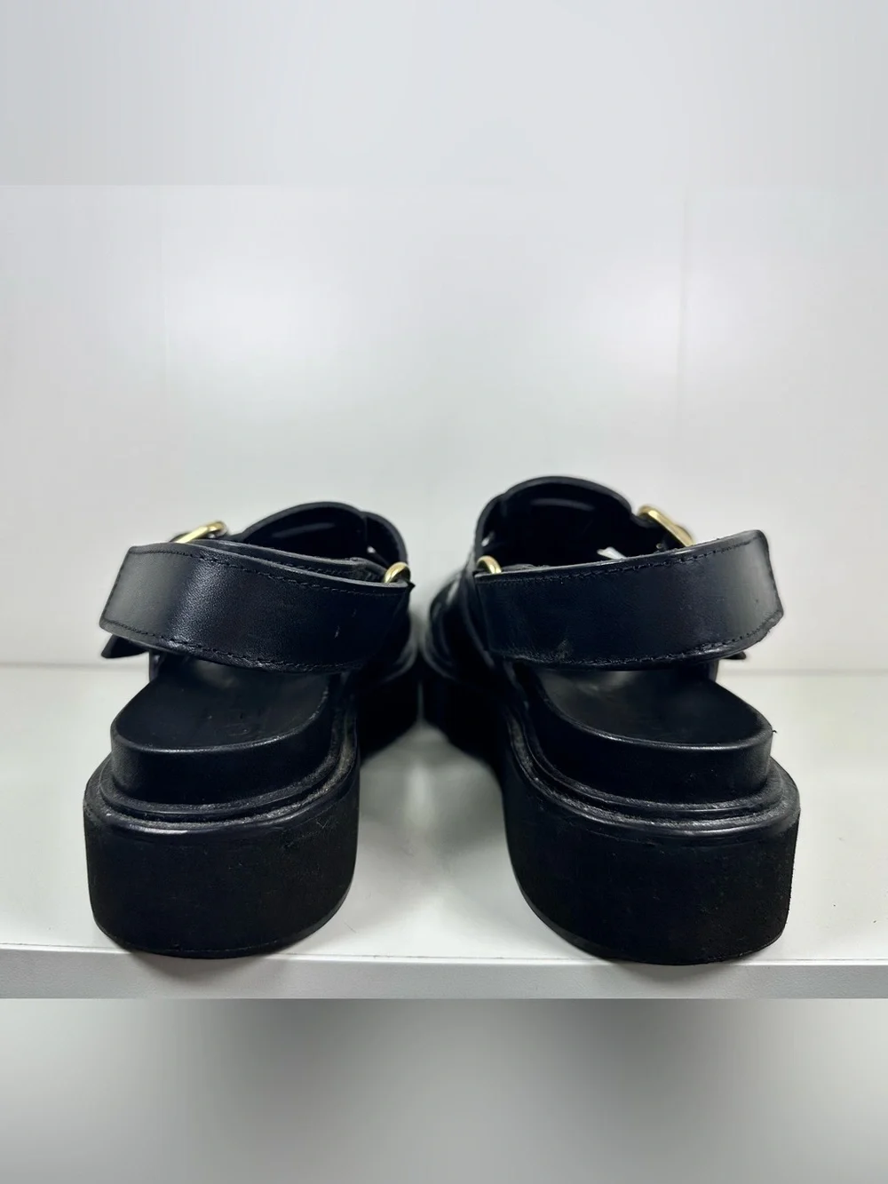 Loeffler Randall Black Leather Platform Fisherman Sandals with Gold Buckles - Picture 4 of 10